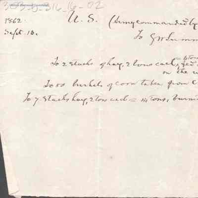 Judge George Summers invoice from U. S. Army for hay and corn, Sep 13, 1862