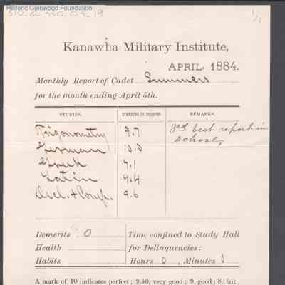 George W. Summers, Progress Report, Kanawha Military Institute, Apr 5, 1884
