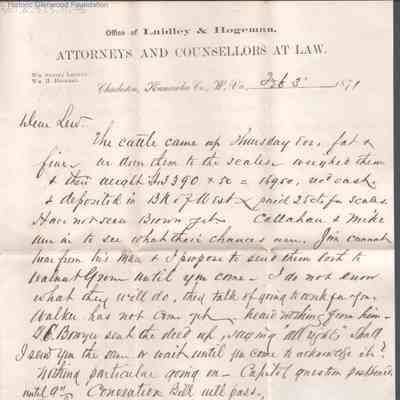 Lewis Summers from William S. Laidley, Feb 3, 1871