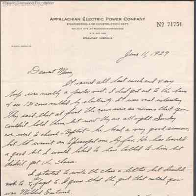Elizabeth S. Quarrier from Alexander W. Quarrier, Jun 11, 1929