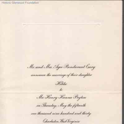 Lewis & Lucy W. Summers, invitation to Hilda Cary and Henry H. Peyton wedding, May 15, 1930