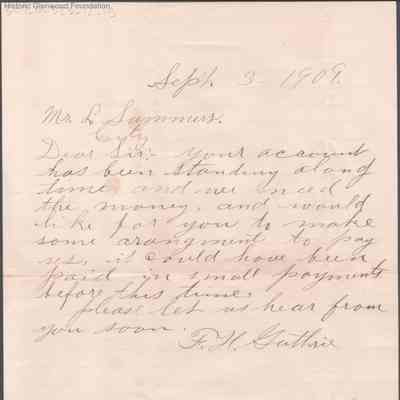 Lewis Summers from F. H. Guthrie, Sep 3, 1909