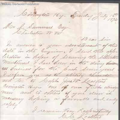 Lewis Summers from C. C. Leathers, Jul 16, 1872
