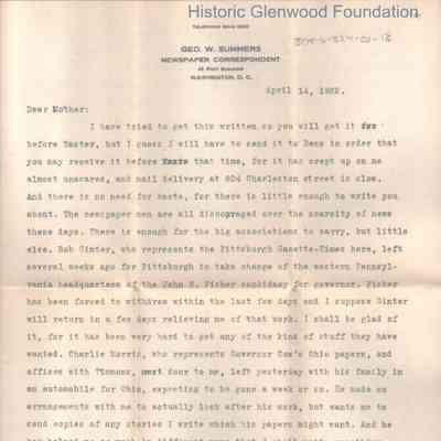 Lucy W. Summers from George W. Summers, April 14, 1922