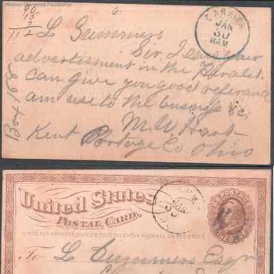 Postcard to Lewis Summers from M. W. Hart, Jan 30, 1874