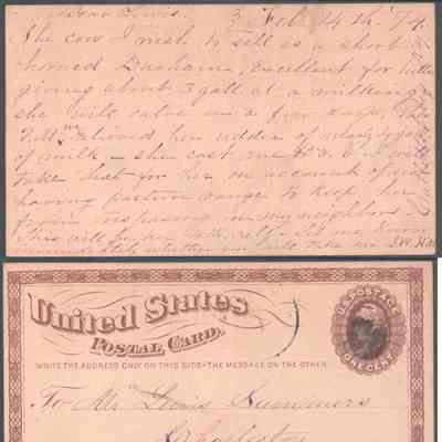 Postcard to Lewis Summers from J. W. Hite, Feb 14, 1874