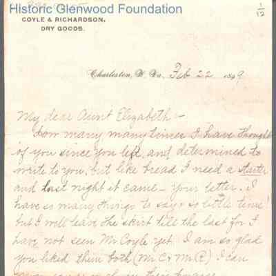 Amacetta "Amy" Summers to Elizabeth W. Wickes, Feb 22, 1899