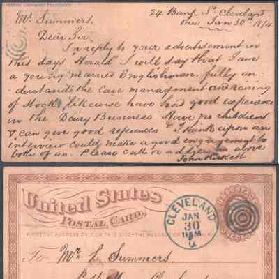 Postcard to Lewis Summers from John Rockett, Jan 30, 1874