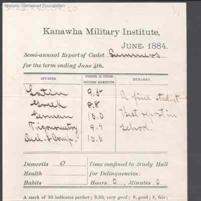 George W. Summers, Progress Report, Kanawha Military Institute, Jun 4, 1884