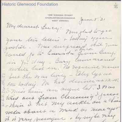 Lucy S. Quarrier from Elizabeth S. Quarrier, Jun 8, 1931
