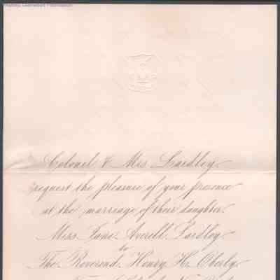 Lewis & Lucy W. Summers, invitation to Jane A. Laidley and Rev. Henry H. Oberly wedding, no date