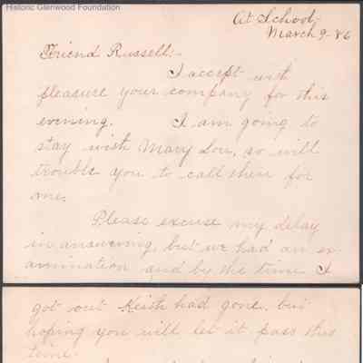Russell G. Quarrier from Elizabeth S. Quarrier, Mar 9, 1886