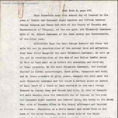 Col. George W. Summers & wife "Nancy," 1815 land transfer to daughter Elizabeth Lawrason