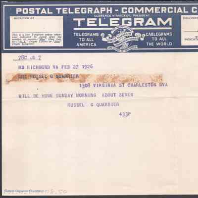 Telegram to Elizabeth S. Quarrier from Russell G. Quarrier, Feb 27, 1926