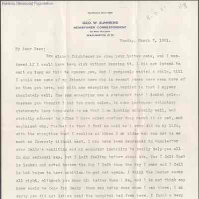 Elizabeth S. Quarrier from George W. Summers, Mar 7, 1921
