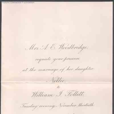 Lewis & Lucy W. Summers, invitation to Nellie Woodbridge and William J. Follett wedding, Nov 30, 1880