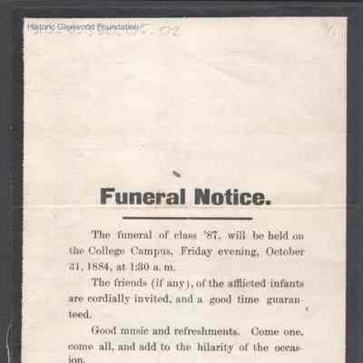 Marietta College Facetious Funeral Notice, Oct 31, 1884