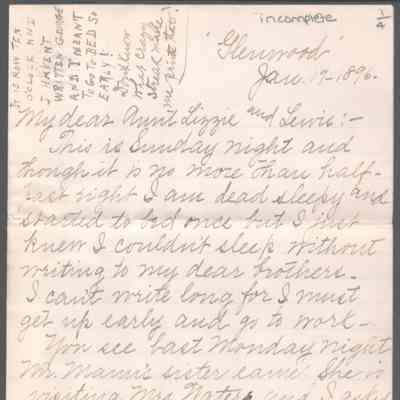 Amacetta "Amy" Summers to "Aunt Lizzie" (Elizabeth W. Wickes) and "Lewis," (probably her brother Lewis Summers, Jr.) Jan 17, 1896