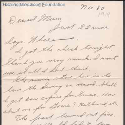 Elizabeth S. Quarrier from Alexander W. Quarrier, Nov 30, 1919