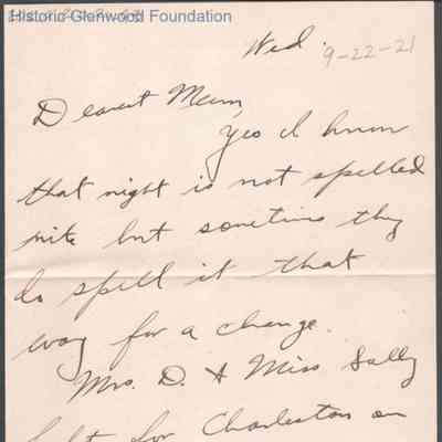 Elizabeth S. Quarrier from Alexander W. Quarrier, Sep 22, 1921