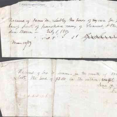 James M. Laidley and Judge George Summers Receipts for Glenwood Purchase Payments, Dec 14, 1857, Mar 15, 1859
