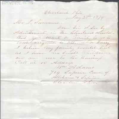 Lewis Summers from William Adams, Jan 28, 1874