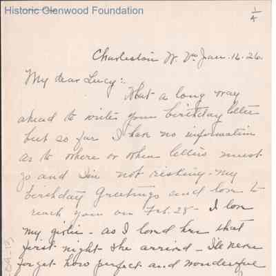 Lucy S. Quarrier from Elizabeth S. Quarrier, Jan 16, 1926