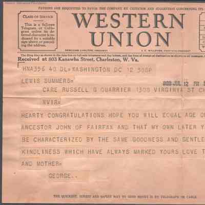 Telegram to Lewis Summers from George W. Summers, Jul 12, 1928