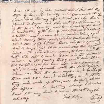 Judge George Summers Slave Purchase from Frederick A. Agee, Oct 4, 1839