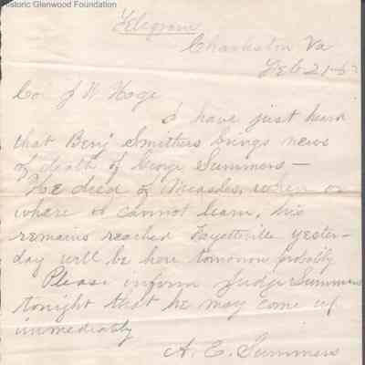A. E. Summers to J. W. Hoge regarding death of George L. Summers, Feb 21, 1863