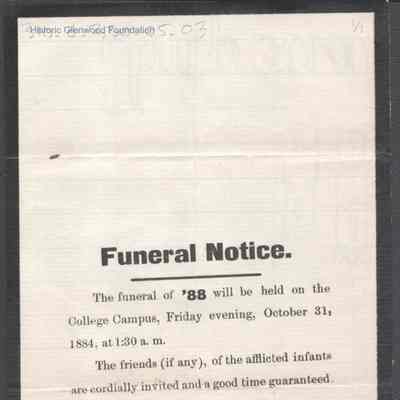 Marietta College Facetious Funeral Notice, Oct 31, 1884