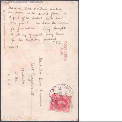 Postcard to Lewis & Lucy W. Summers from Elizabeth G. Quarrier, Feb 27, 1928