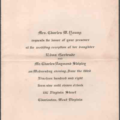 Lewis & Lucy W. Summers, invitation to Edna G. Young and Charles R. Shipley wedding, Jun 3, 1908