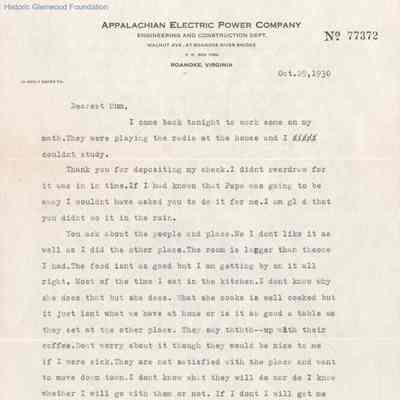 Elizabeth S. Quarrier from Alexander W. Quarrier, Oct 29, 1930