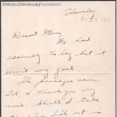 Elizabeth S. Quarrier from Alexander W. Quarrier, Sep 23, 1921