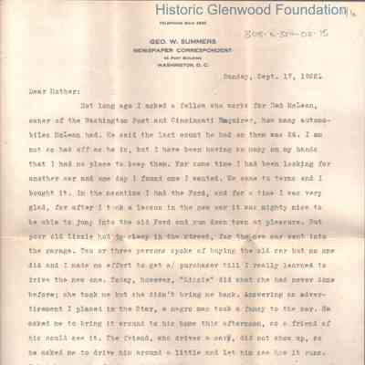 Lucy W. Summers from George W. Summers, Sept 17, 1922