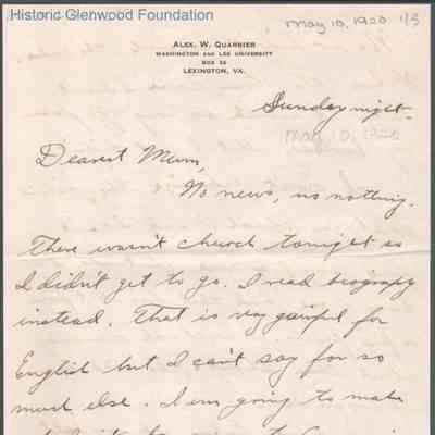 Elizabeth S. Quarrier from Alexander W. Quarrier, May 10, 1920