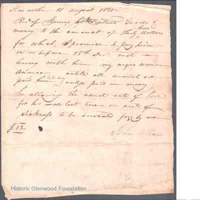John Allen Promissory Note to James C. McFarland for Slave Hire, Aug 18, 1821