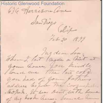 Lewis Summers from Vesta Laidley, Feb 20, 1899