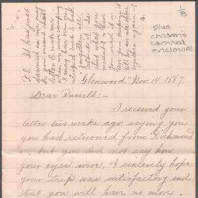 Russell G. Quarrier from Elizabeth S. Quarrier, Nov 14, 1887
