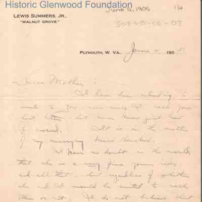 Lucy W. Summers from Lewis Summers Jr, June 4 1905.