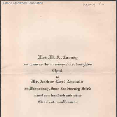 Lewis Summers invitation to Opal Carney and Arthur E. Nuckols wedding, Jun 23, 1909
