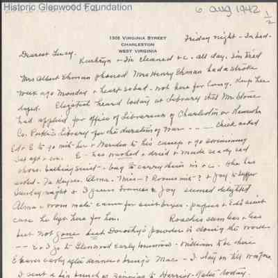 Lucy S. Quarrier from Elizabeth S. Quarrier, Aug 6, 1942