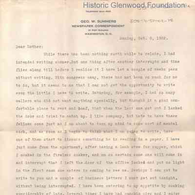 Lucy W. Summers from George W. Summers, October 8, 1922