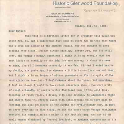 Lucy W. Summers from George W. Summers, Feb. 19, 1922