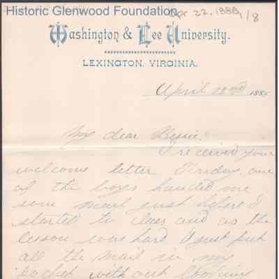 Elizabeth S. Quarrier from Russell G. Quarrier, Apr 22, 1888