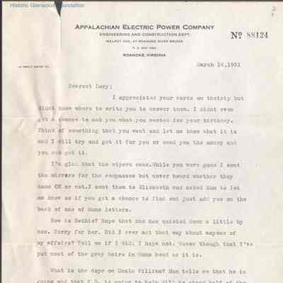 Lucy S. Quarrier from Alexander W. Quarrier, Mar 16, 1931