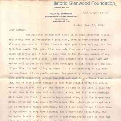 Lucy W. Summers from George W. Summers, December 10, 1922