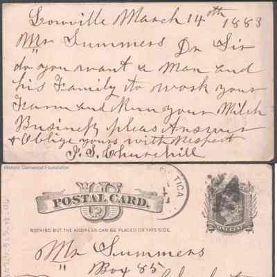 Postcard to Lewis Summers from J. S. Churchill, Mar 14, 1883
