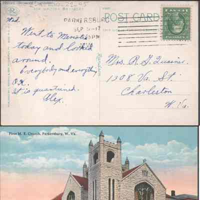 Postcard to Elizabeth S. Quarrier from Alexander W. Quarrier, Sep 5, 1917